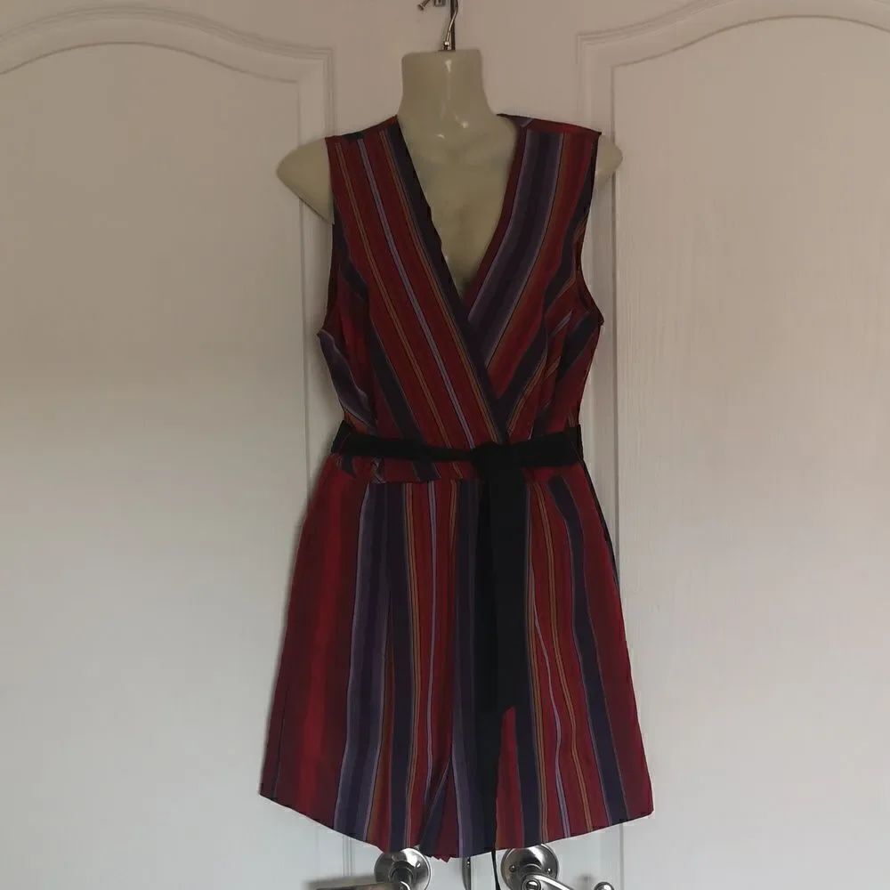 Mango Ladies Striped Short Jumpsuit XS Red , Purple